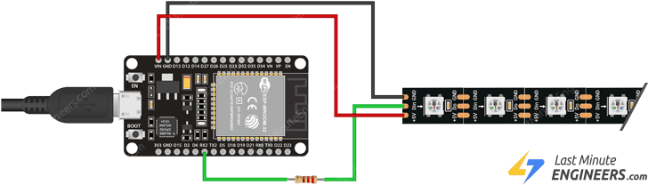 ESP32 to WS2812B wiring diagram using USB power